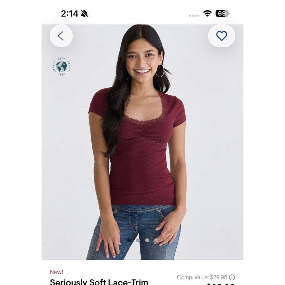 Aeropostale Burgundy Lace-Trim Scoop Neck Short Sleeve Knit Blouse Size S